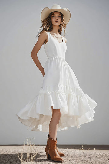Ivory A Line U-Neck Long Engagement Dress with Ruffles